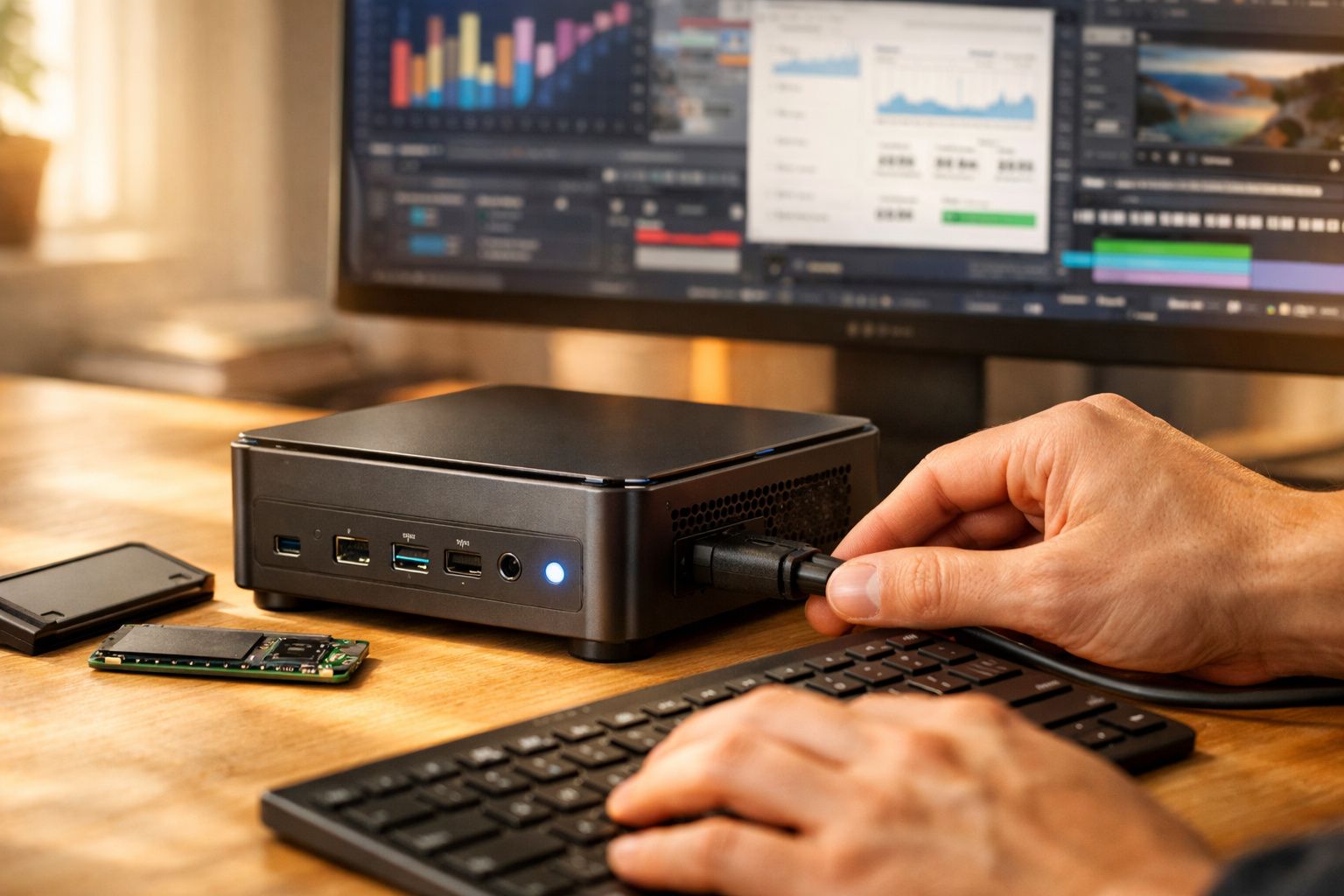Pessoa conectando cabo em mini PC ao lado de teclado, SSD e monitor com gráficos na tela.