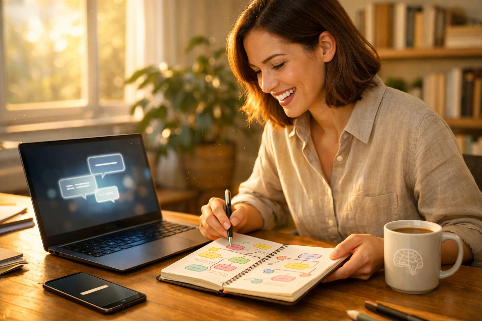 Mulher sorridente fazendo anotações em agenda colorida, com laptop aberto e caneca na mesa.