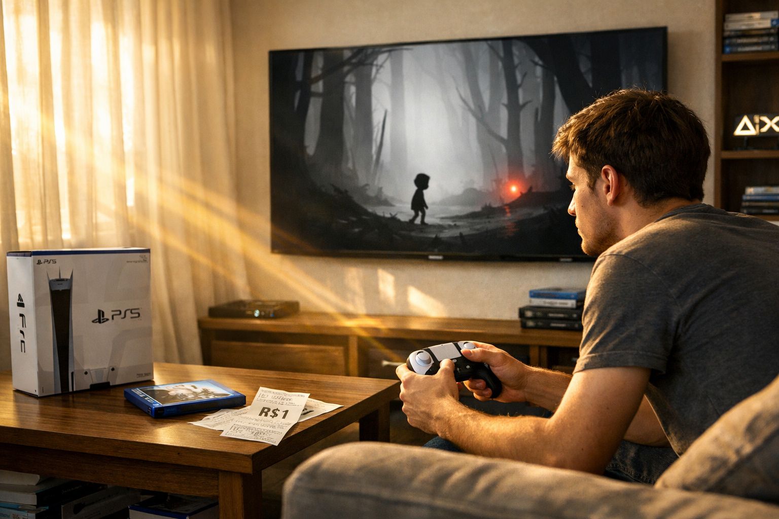 Homem jogando videogame PlayStation 5 em sala com luz natural e TV mostrando jogo em ambiente sombrio.