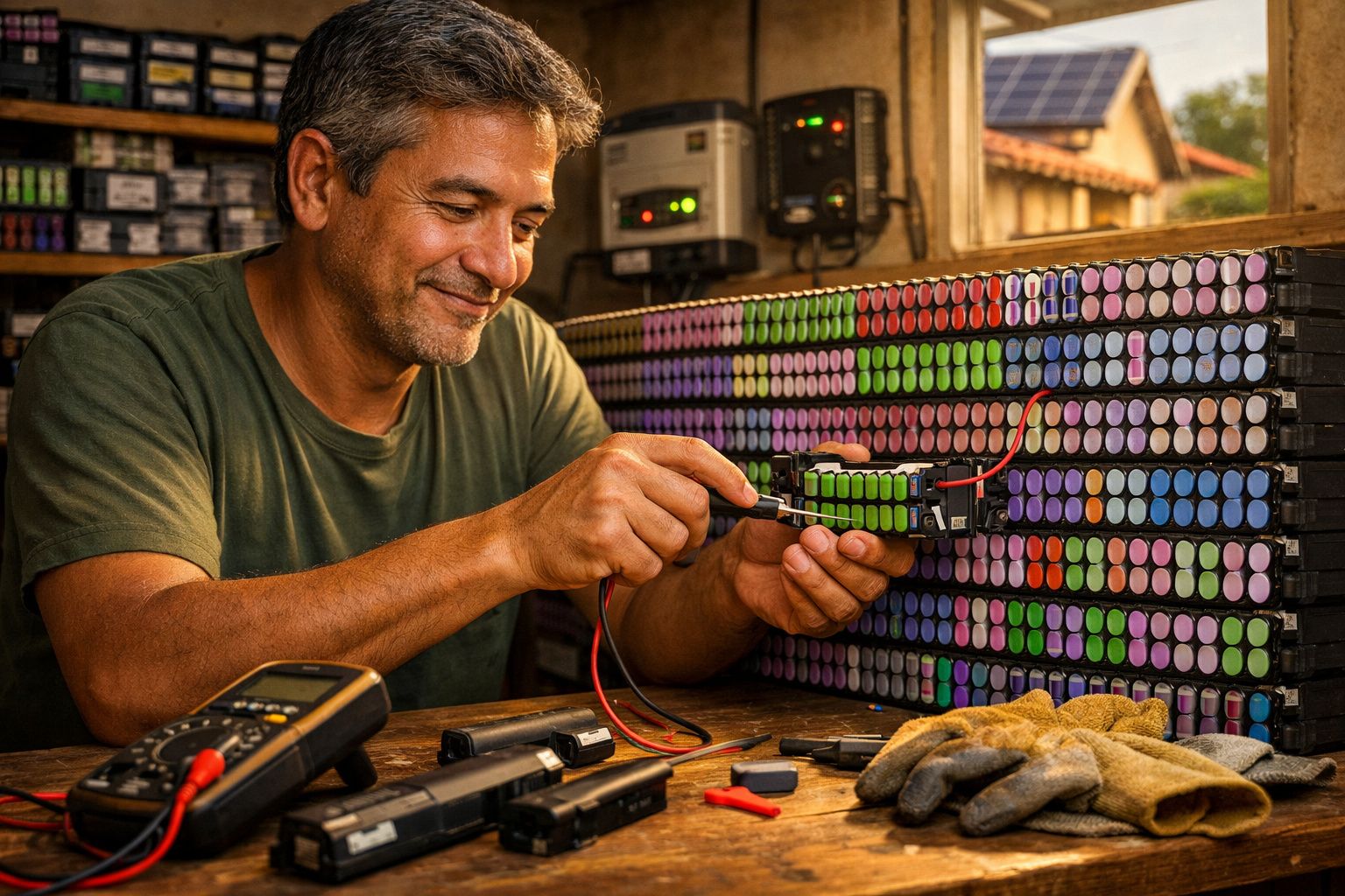 Homem trabalhando em baterias coloridas de lítio, testando com equipamento eletrônico em bancada.