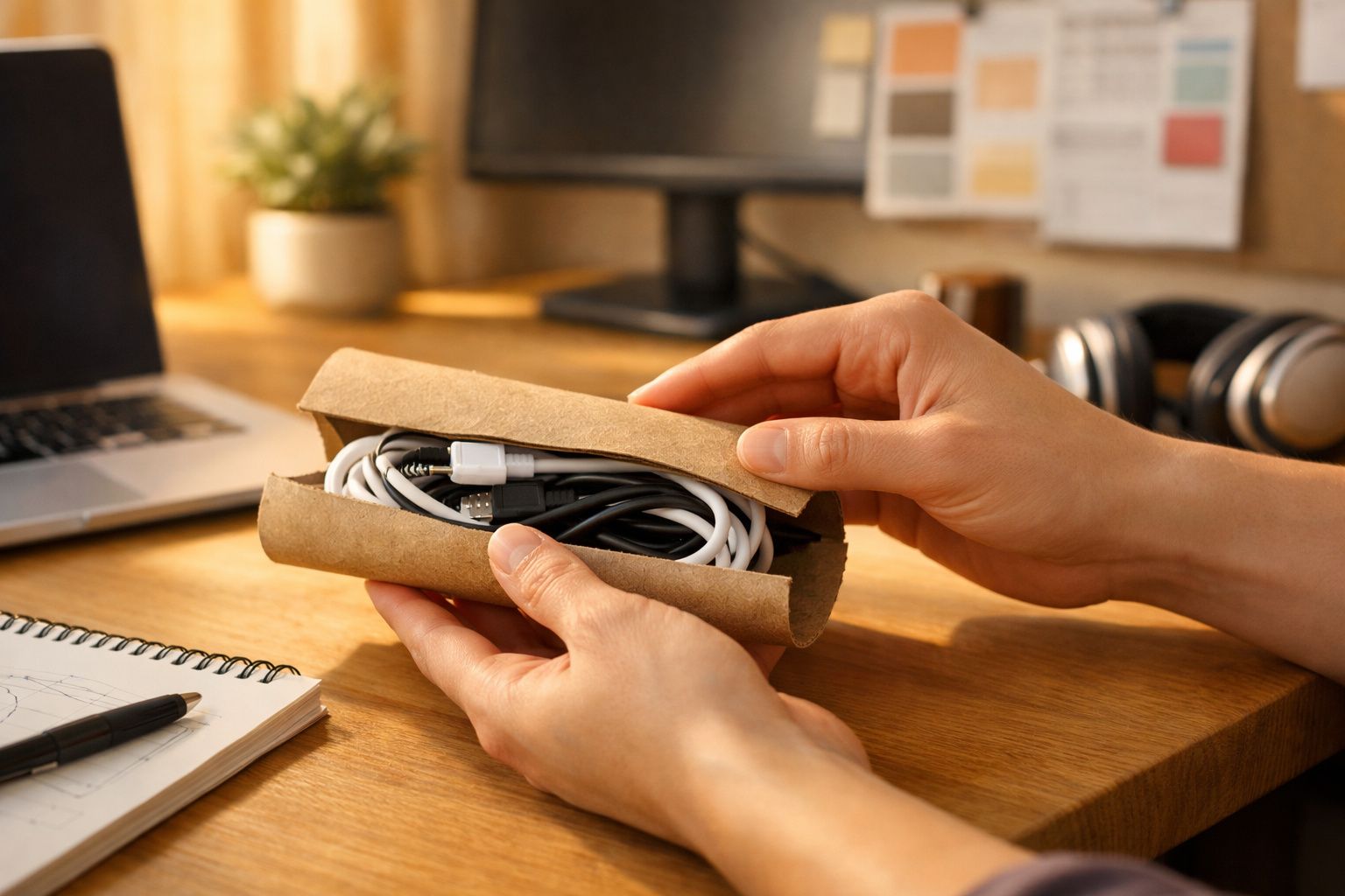 Mãos guardando cabos organizados dentro de um tubo de papelão em mesa com notebook e caderno.