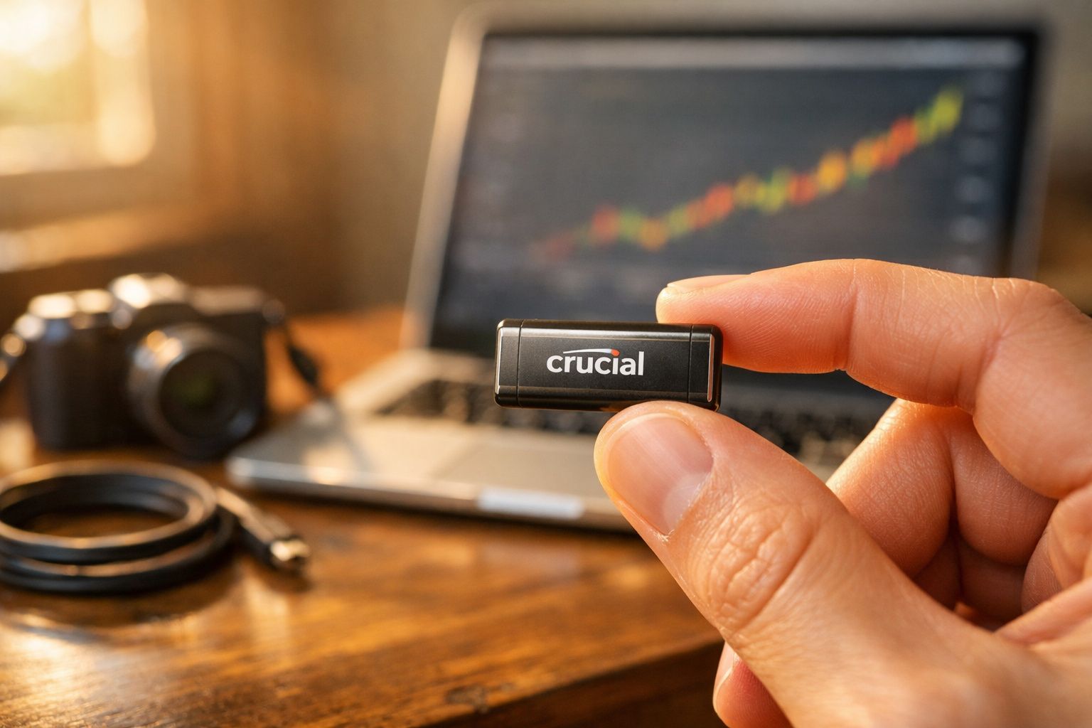 Mão segurando pendrive Crucial frente a câmera e notebook com gráfico colorido em mesa de madeira.