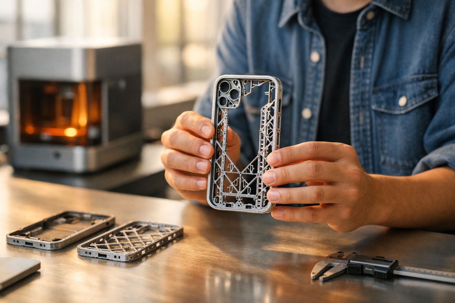 Pessoa segurando estrutura metálica de capa de smartphone sobre mesa com outras peças e máquina ao fundo.