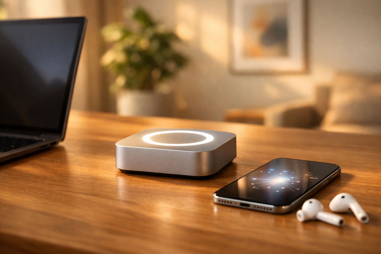 Dispositivo eletrônico com luz circular, smartphone, fones sem fio e laptop em mesa de madeira.