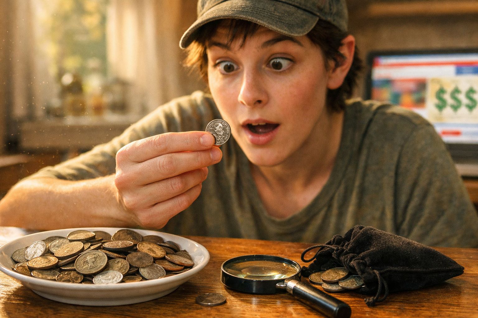 Pessoa segurando uma moeda com expressão surpresa, ao lado de prato com várias moedas e lupa na mesa.