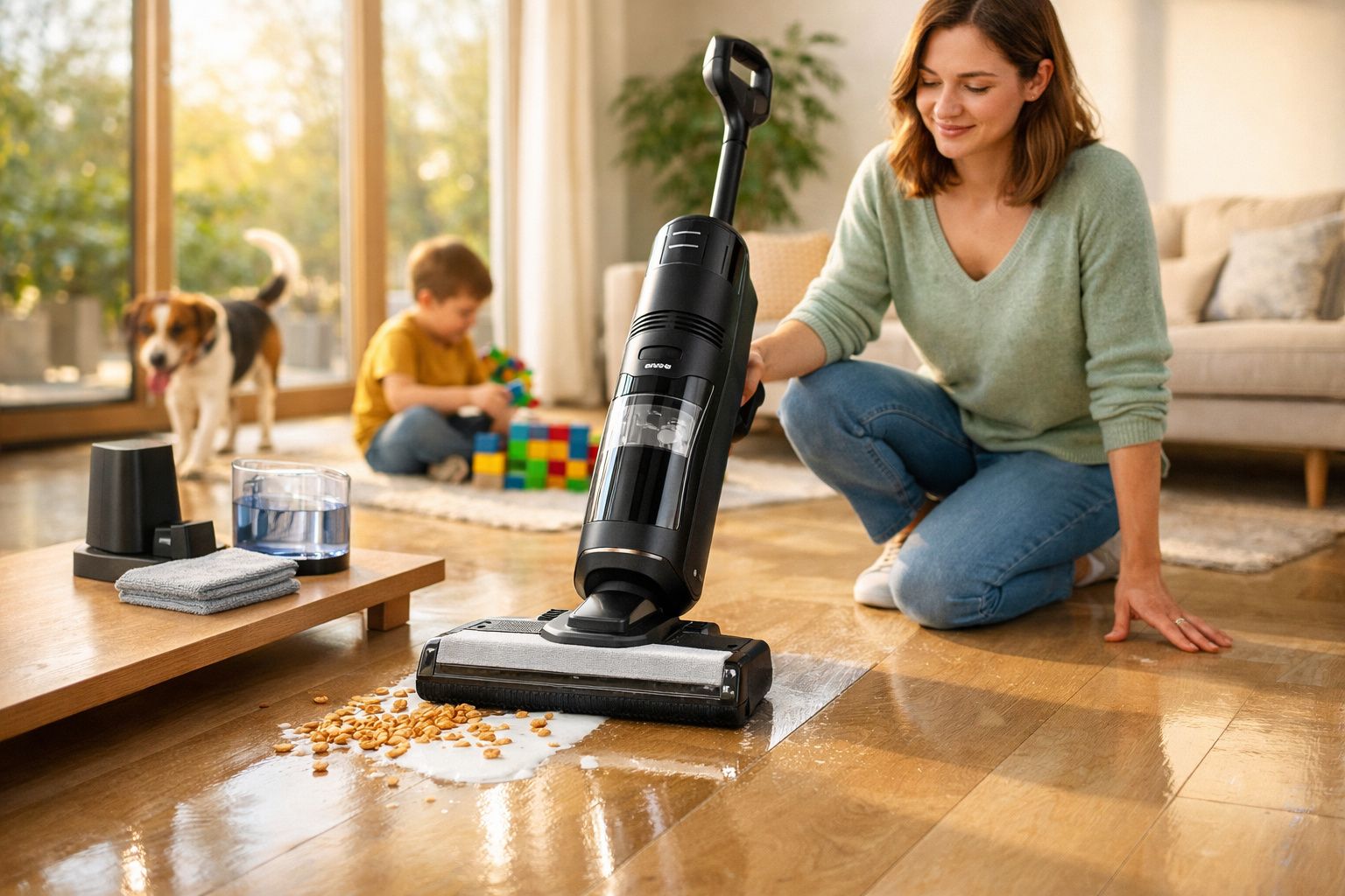 Mulher usando aspirador de pó para limpar cereal derramado no chão de madeira da sala.