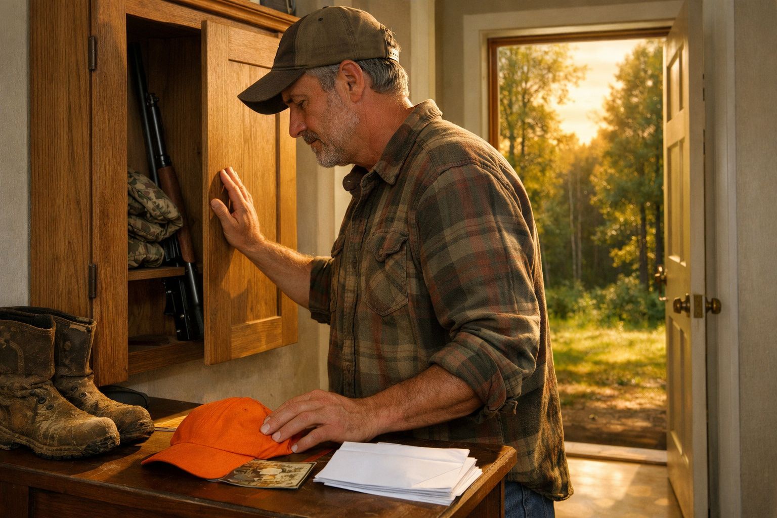 Homem de boné e camisa xadrez abrindo armário de madeira com botas e objetos sobre bancada junto a porta aberta para área ver