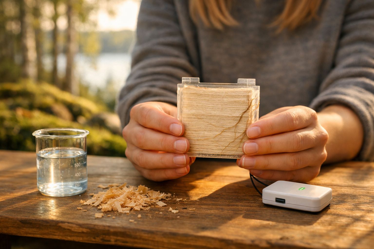 Mãos seguram célula a combustível de madeira ao lado de copo com líquido e aparelho eletrônico em mesa de madeira.