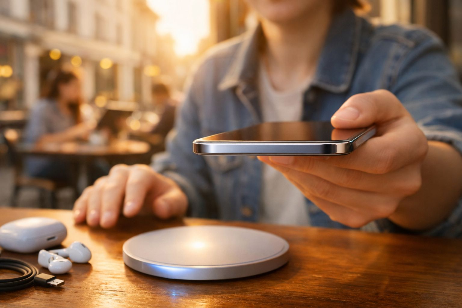 Pessoa segurando um smartphone próximo a um carregador sem fio em uma mesa de café.