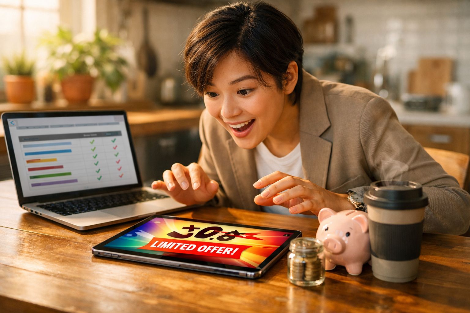 Mulher feliz olhando para tablet com oferta limitada, ao lado de laptop, cofrinho, moedas e café na mesa.