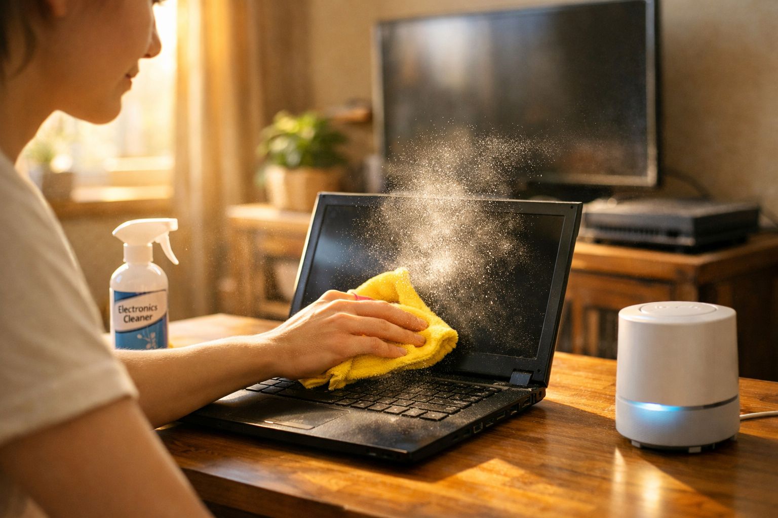 Pessoa limpando a tela de um notebook com um pano amarelo e produto de limpeza eletrônico.
