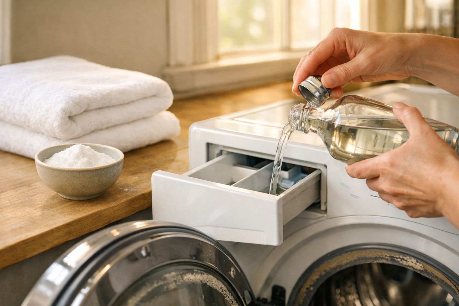 Mãos despejando vinagre branco no compartimento de sabão de uma lavadora de roupas.