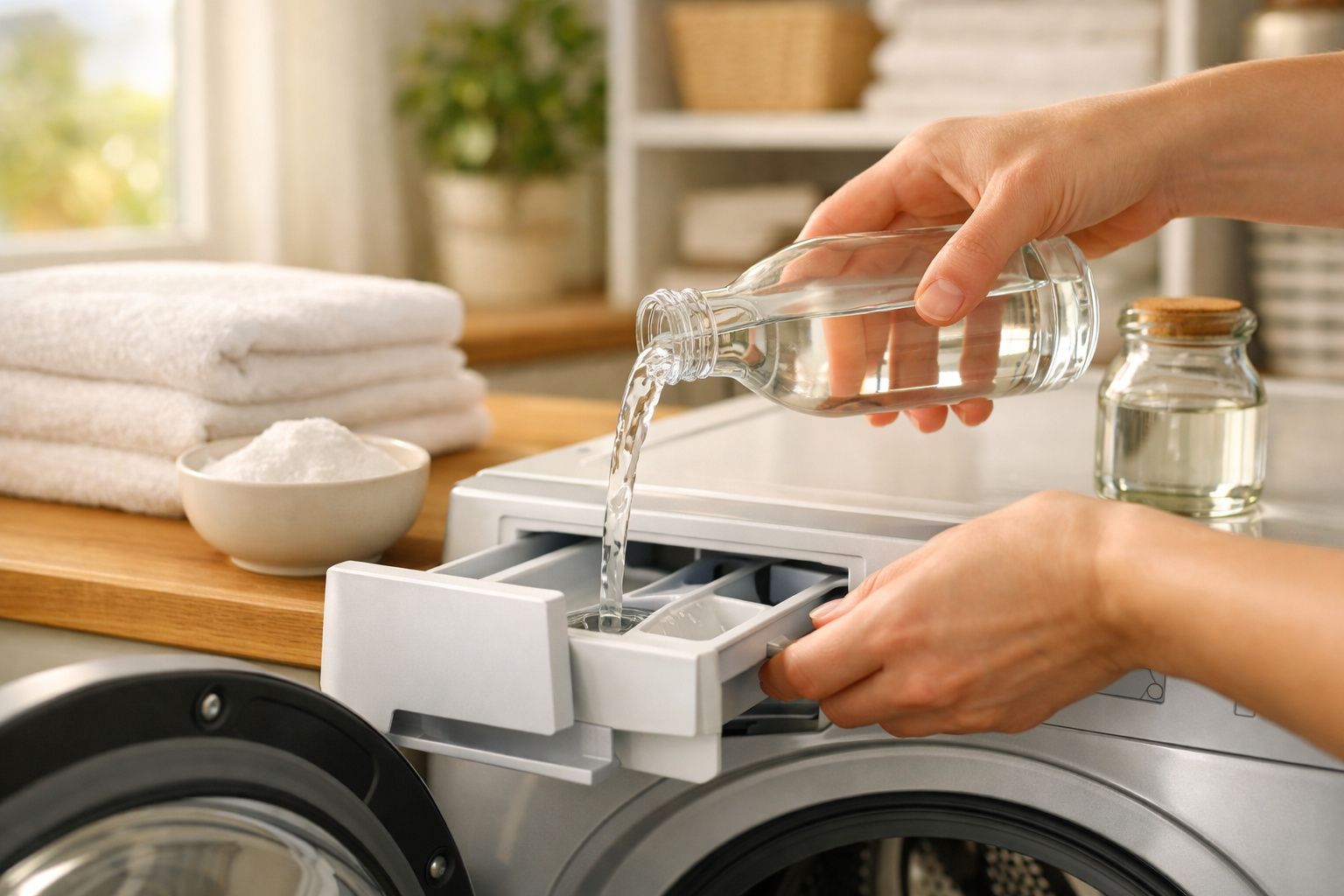 Mãos despejando líquido em compartimento de máquina de lavar com toalhas e sabão ao fundo.