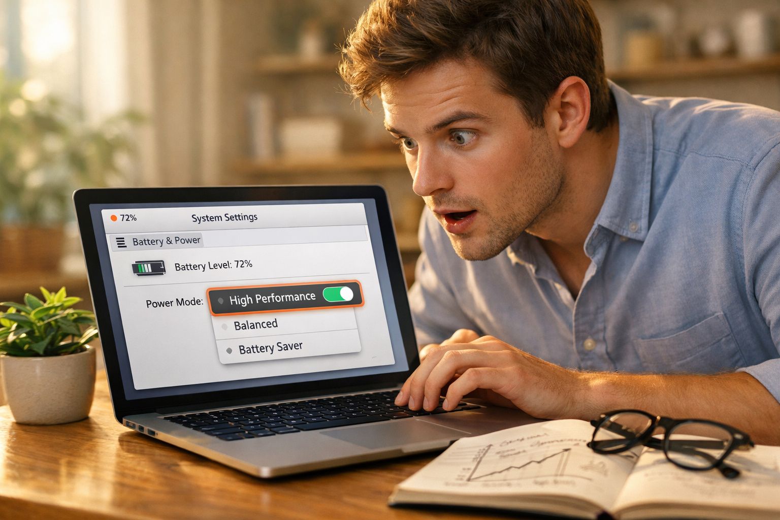 Homem surpreso olhando para tela de notebook com configurações de bateria em modo alto desempenho.