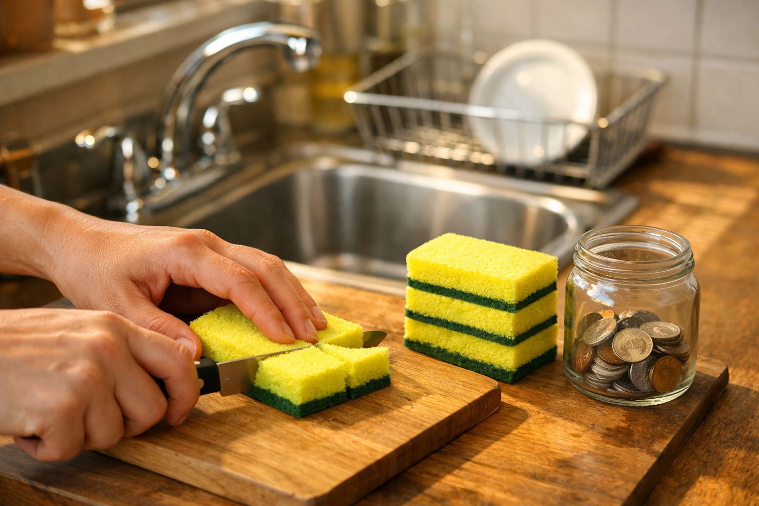 Pessoa cortando esponja amarela em cubos ao lado de jarra com moedas, bancada de cozinha com pia ao fundo.