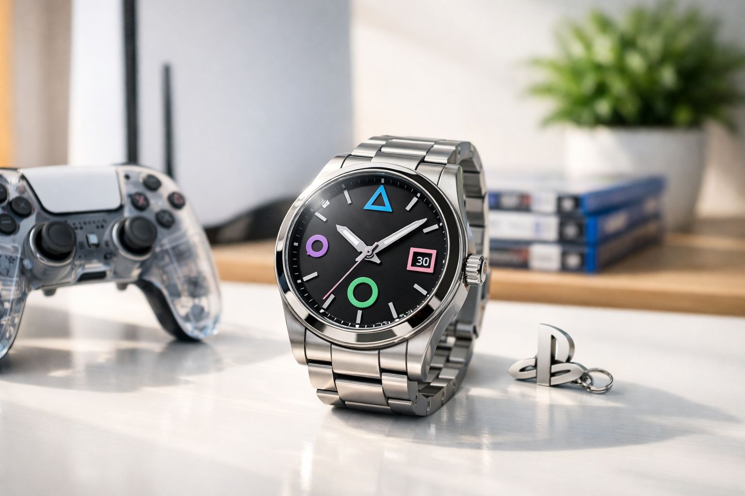 Relógio de metal com mostrador preto e símbolos coloridos do PlayStation ao lado de controle e chaveiro.