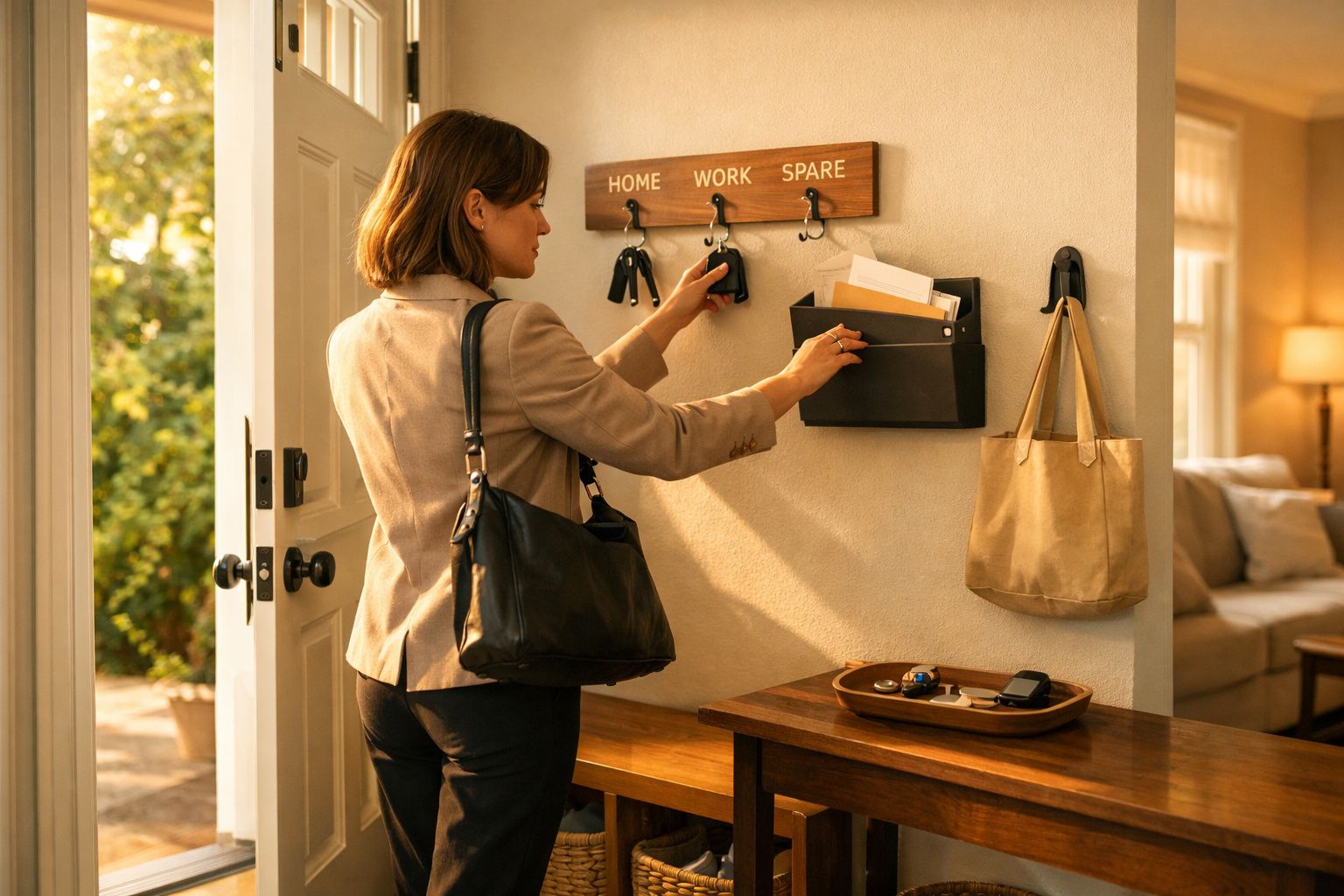 Mulher guardando chaves em cabideiro com etiquetas home, work e spare na entrada de casa.
