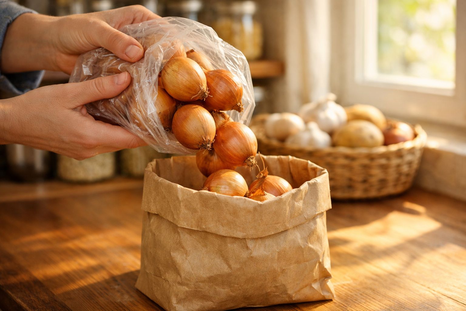 Mãos seguram saco plástico com cebolas douradas sendo colocadas em saco de papel numa cozinha iluminada pelo sol.