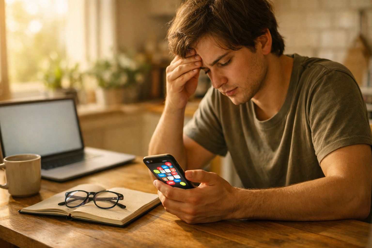 Homem jovem preocupado olhando para celular sentado à mesa com notebook, óculos e caneca ao redor.