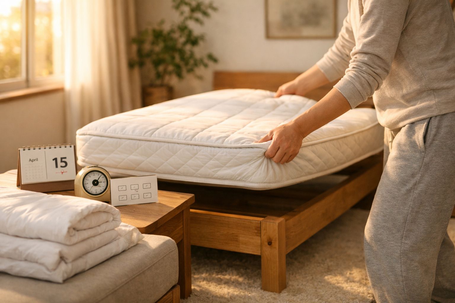 Pessoa arrumando o colchão sobre a cama de madeira em quarto iluminado pela manhã.