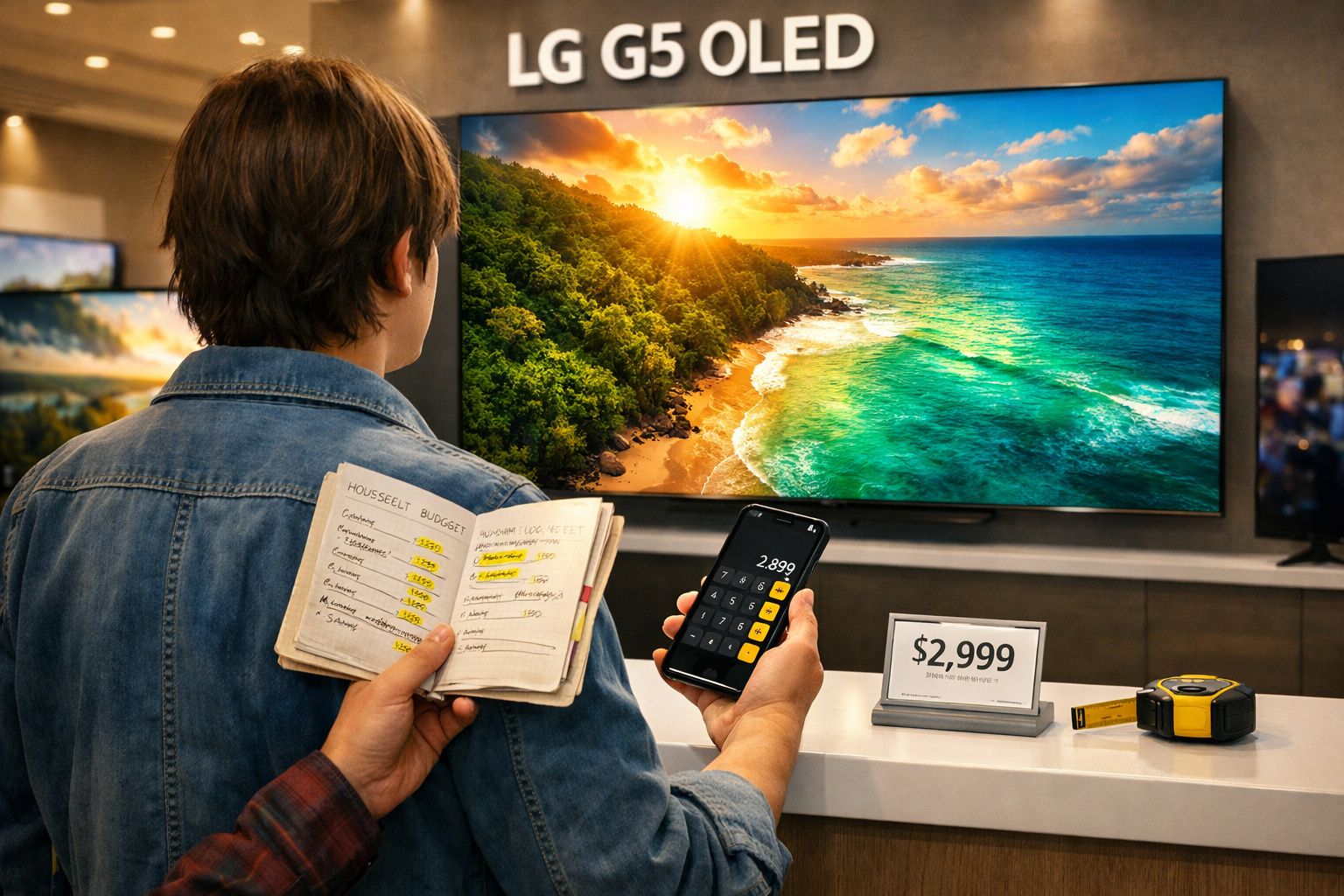 Pessoa segurando celular com calculadora, caderno aberto e olhando para TV 4K LG com paisagem de praia.