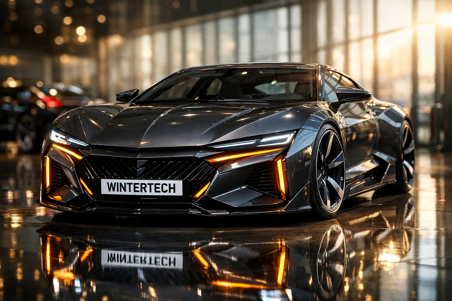 Carro esportivo preto futurista com faróis de LED e placa personalizada wintertech em ambiente interno refletivo.