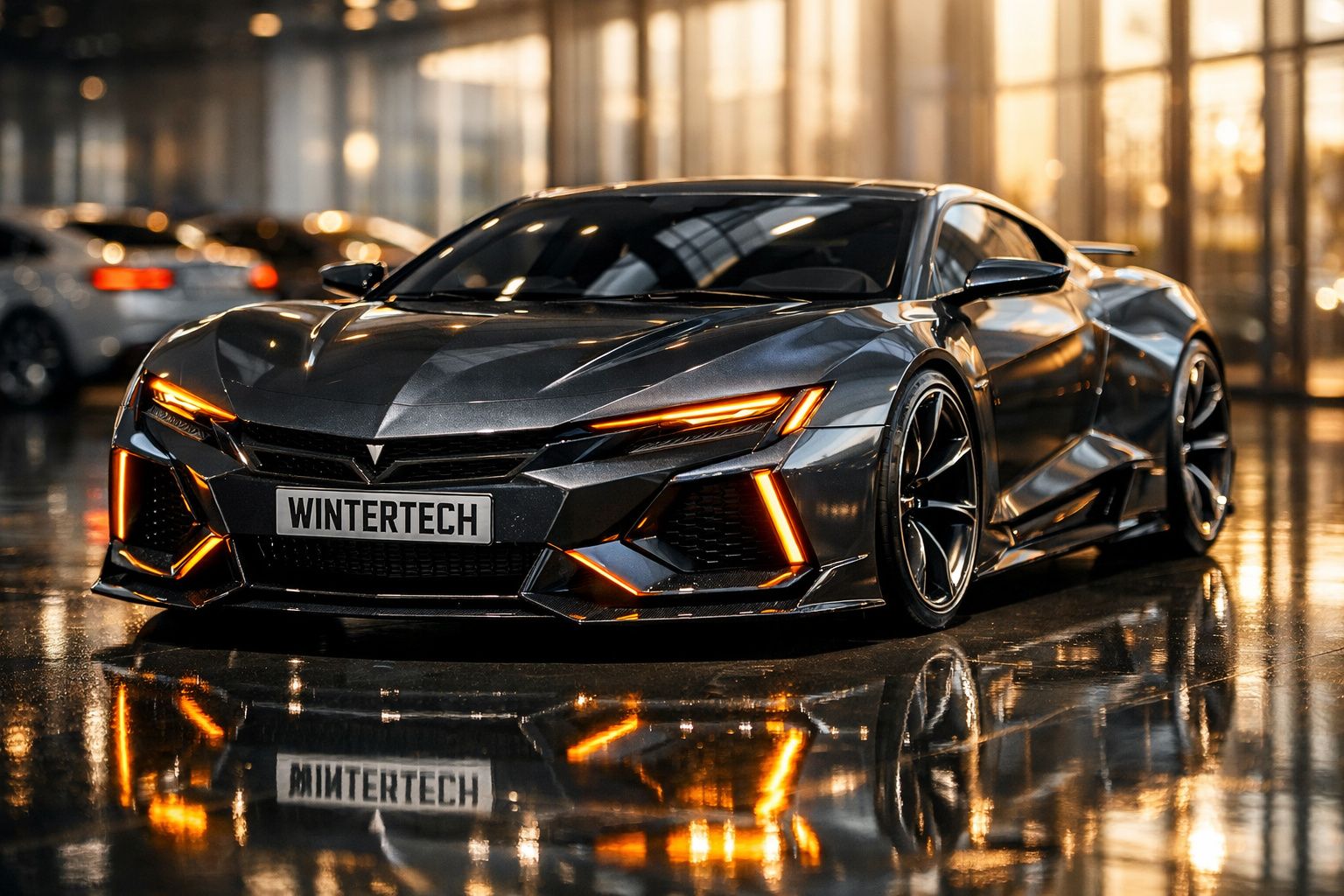 Carro esportivo cinza metálico com luzes dianteiras e detalhes em LED laranja refletido no piso molhado.