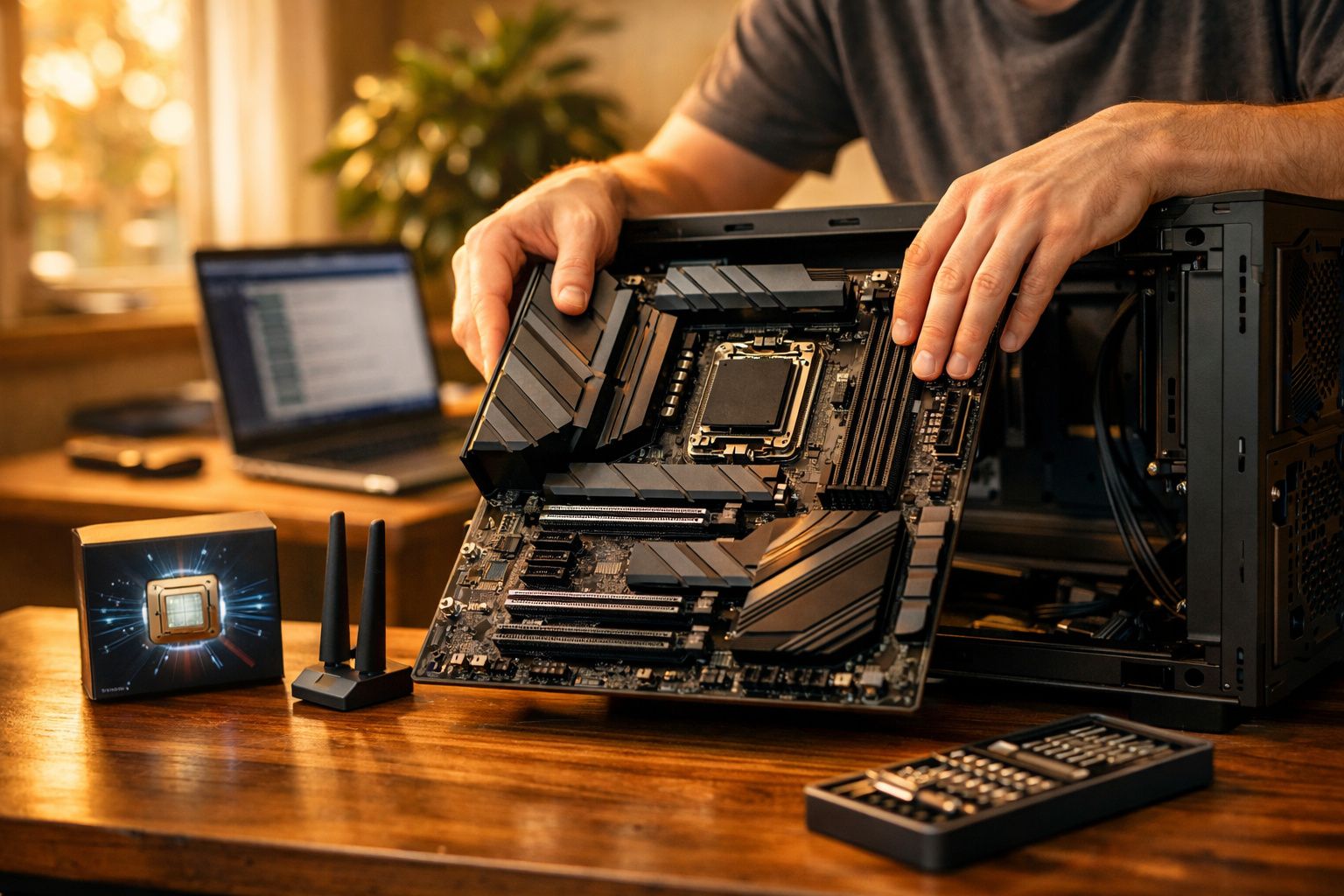 Pessoa instalando uma placa-mãe dentro de um gabinete de computador em uma mesa de madeira.