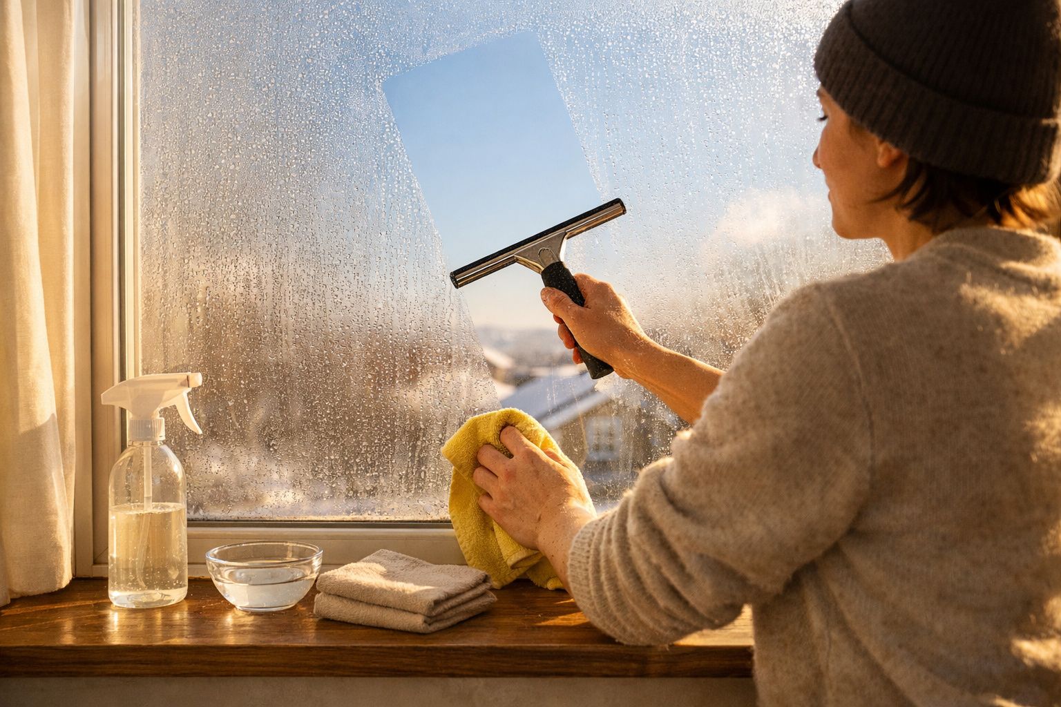 Pessoa limpando janela com rodo e pano amarelo em dia ensolarado, ao lado produtos de limpeza.