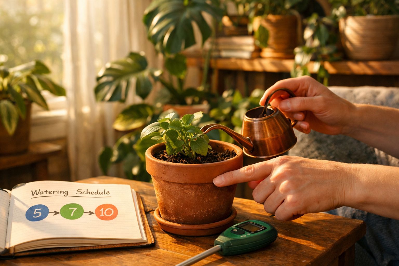 Mãos regando planta em vaso de barro ao lado de caderno com cronograma de rega e medidor de umidade.