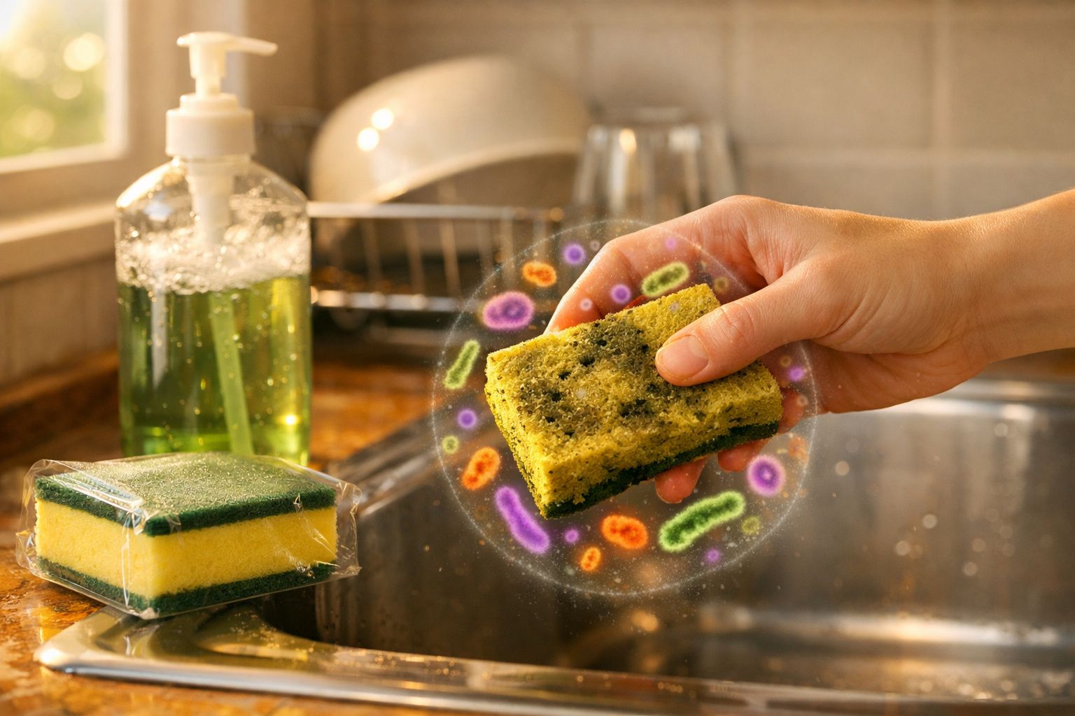 Mão segurando esponja de cozinha com ilustração de bactérias coloridas, próxima a pia e sabonete líquido.