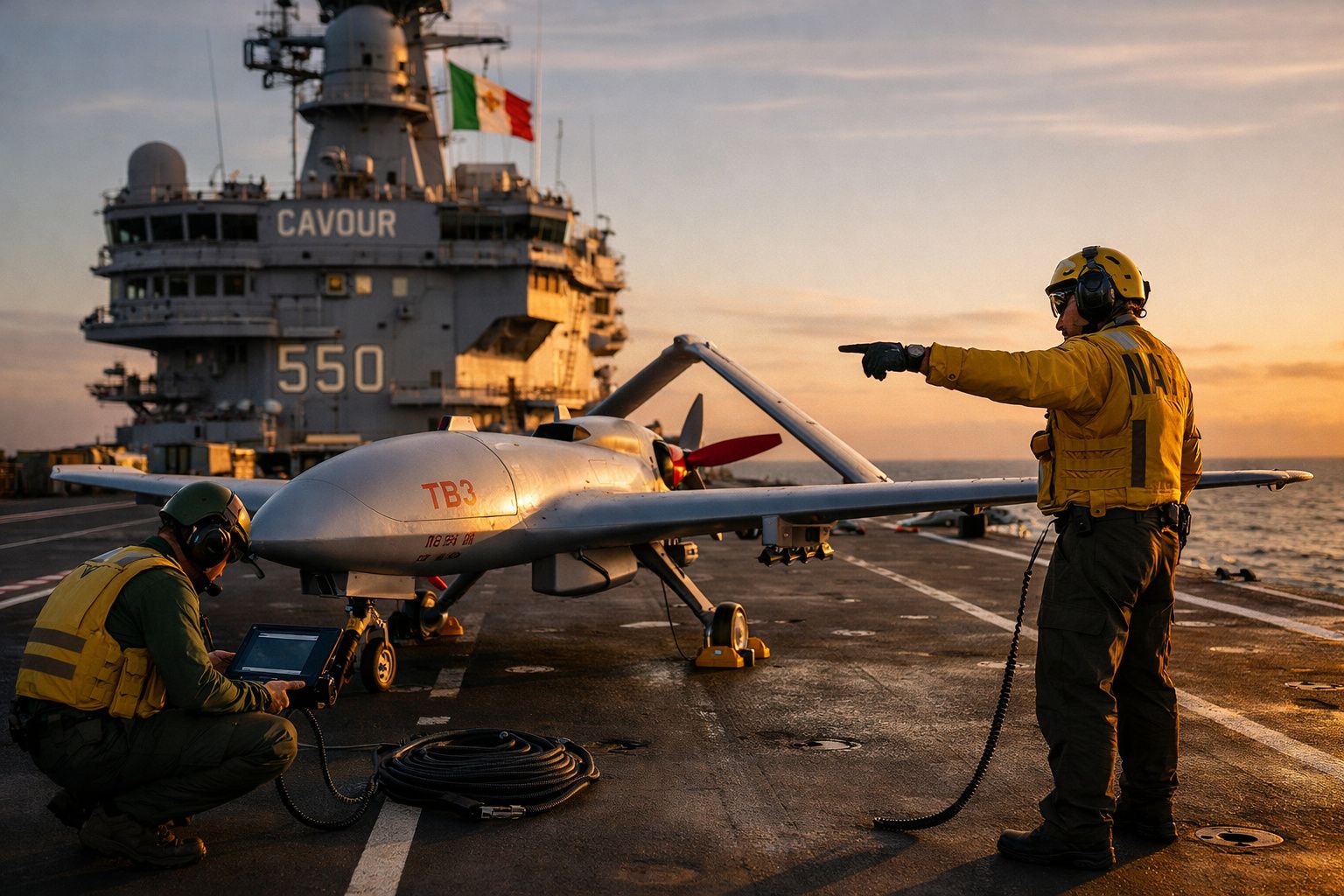 Drone militar TB3 em operação por dois militares em porta-aviões Cavour ao pôr do sol.