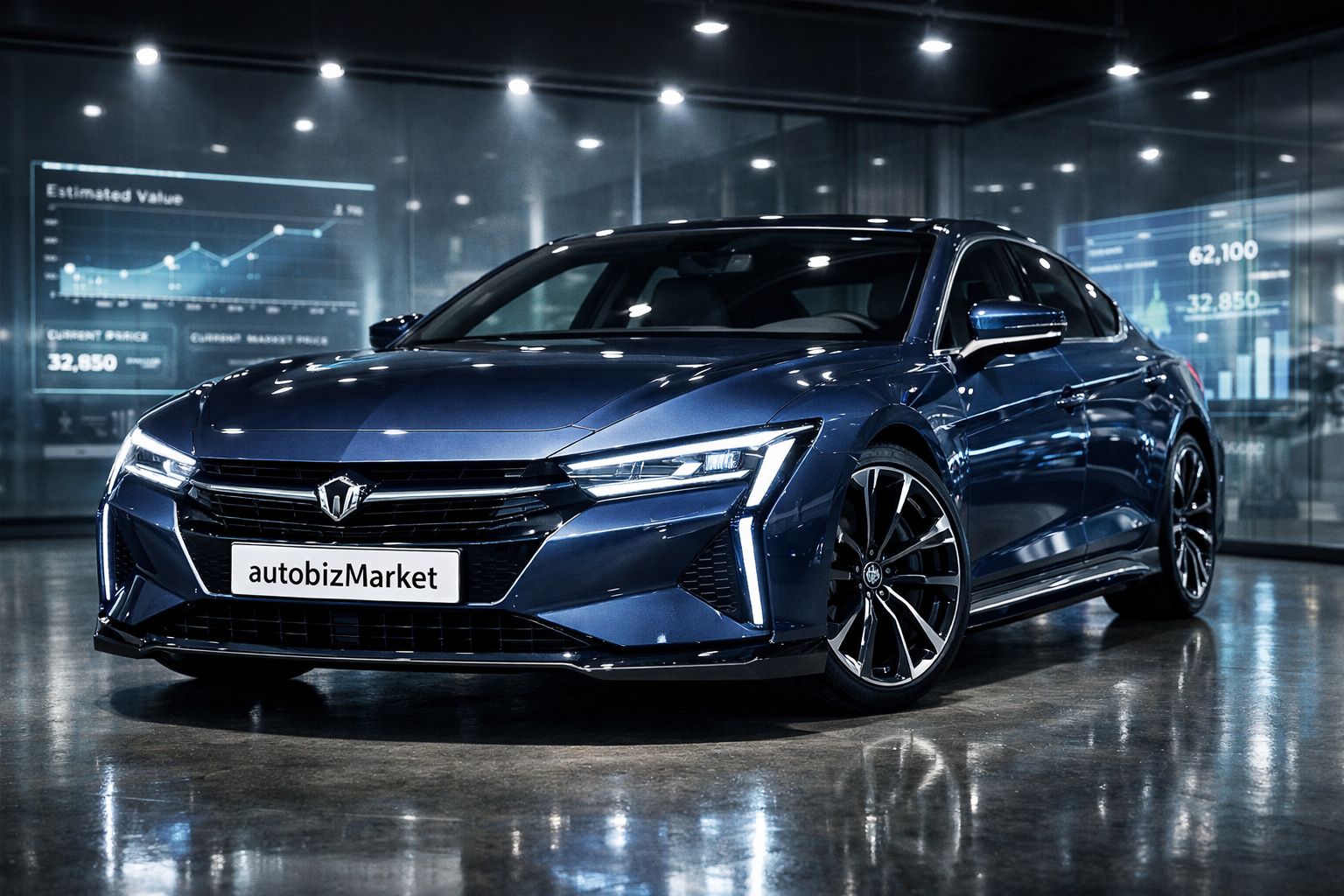 Carro esportivo azul metálico exibido em ambiente moderno com gráficos de mercado ao fundo.