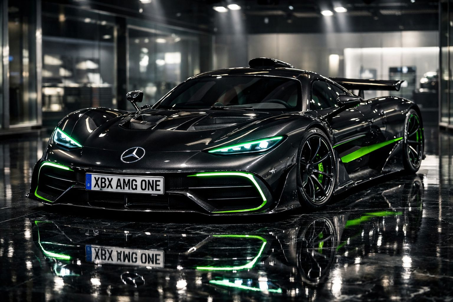 Carro esportivo Mercedes AMG One preto com detalhes verdes em ambiente interno moderno e refletivo.