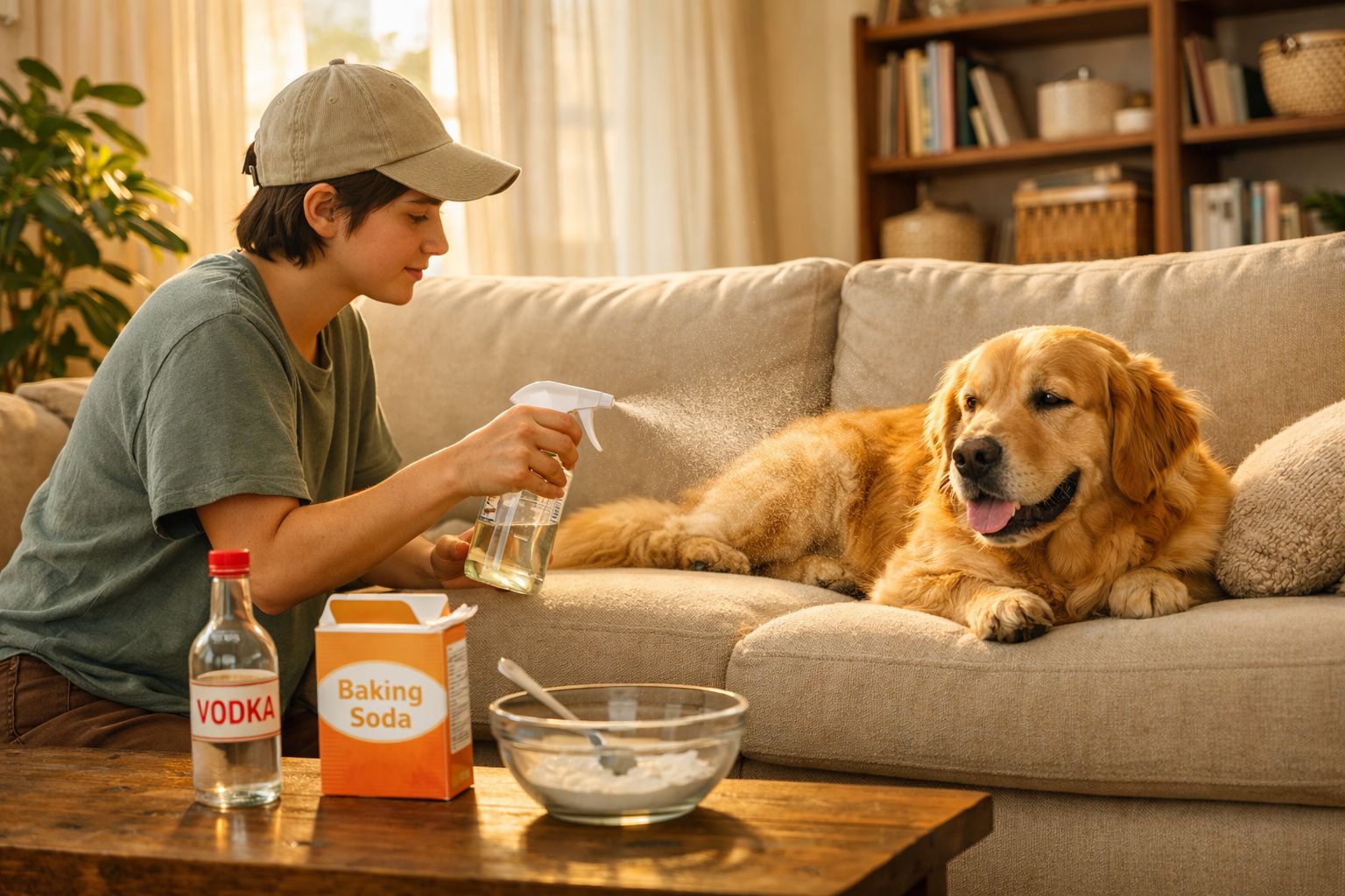 Pessoa borrifando mistura caseira em cachorro dourado deitado no sofá, com vodka e bicarbonato na mesa.