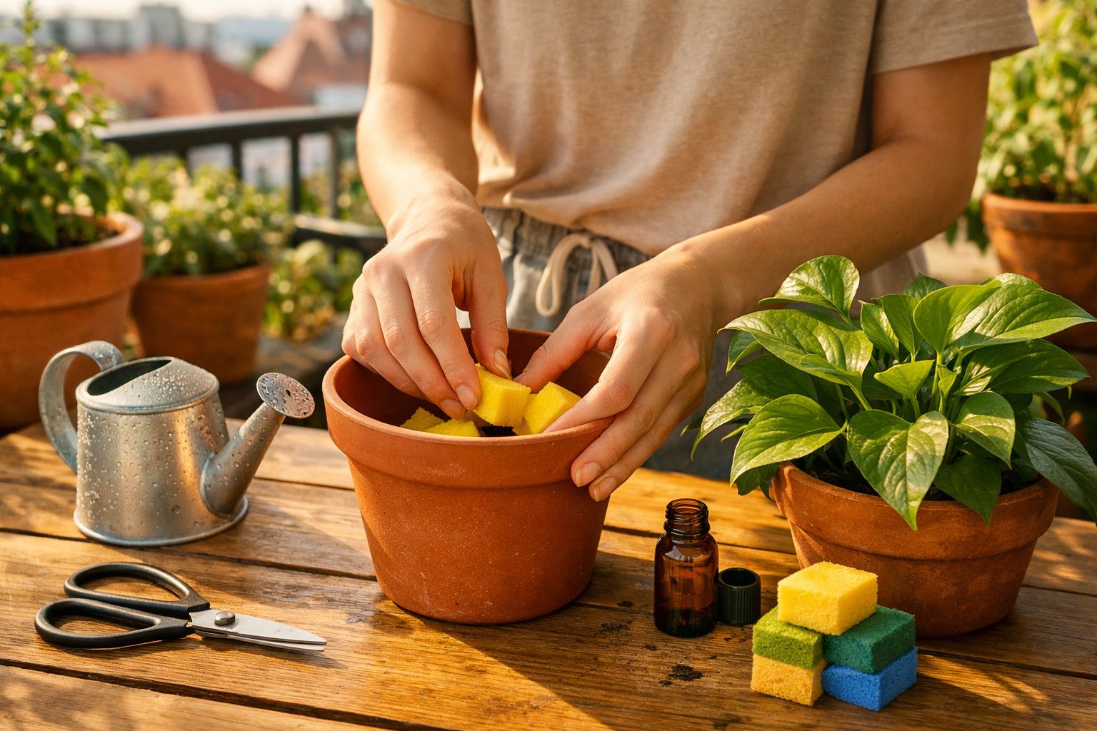 Pessoa preparando vaso com esponjas amarelas, cerca, regador e plantas ao redor em mesa de madeira.
