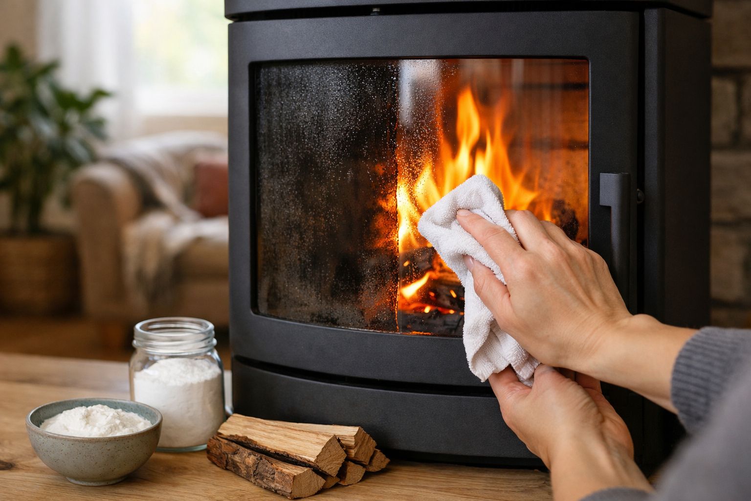 Pessoa limpando a porta de vidro de uma lareira com fogo aceso ao fundo.
