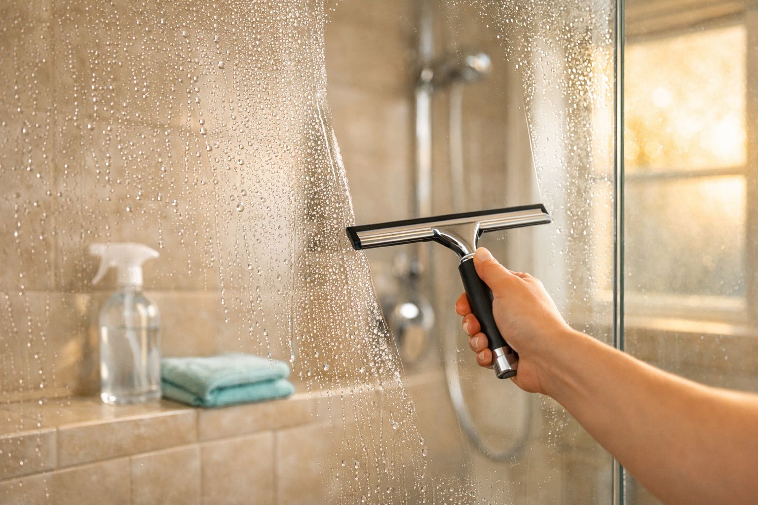 Mão limpando vidro do box do chuveiro com um limpador de janela e gotas de água ao redor.