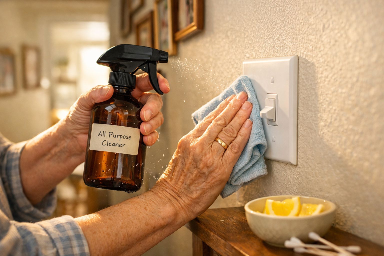 Pessoa limpando interruptor de luz com pano azul e spray de limpador multiuso em casa.