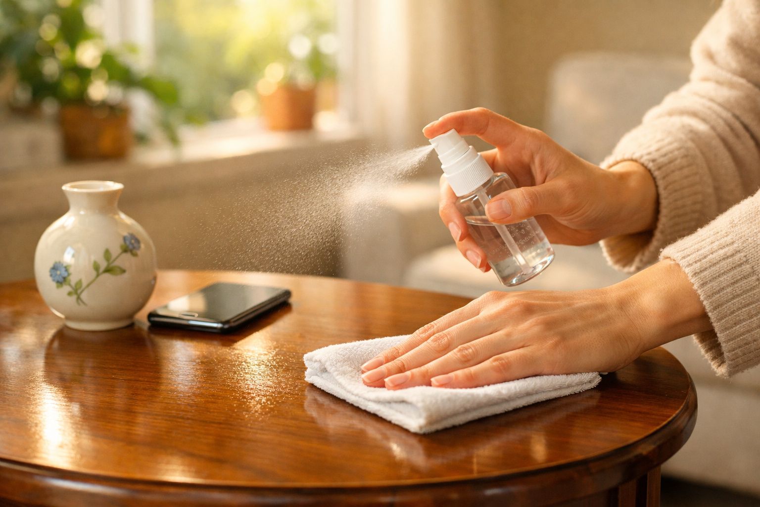 Pessoa borrifando desinfetante em pano branco sobre mesa de madeira com celular e vaso decorativo.