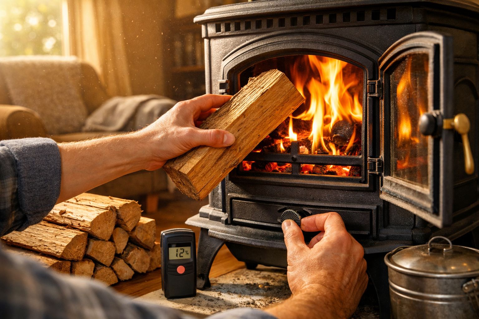 Pessoa ajusta a regulagem e coloca lenha em lareira a lenha acesa em ambiente aconchegante.
