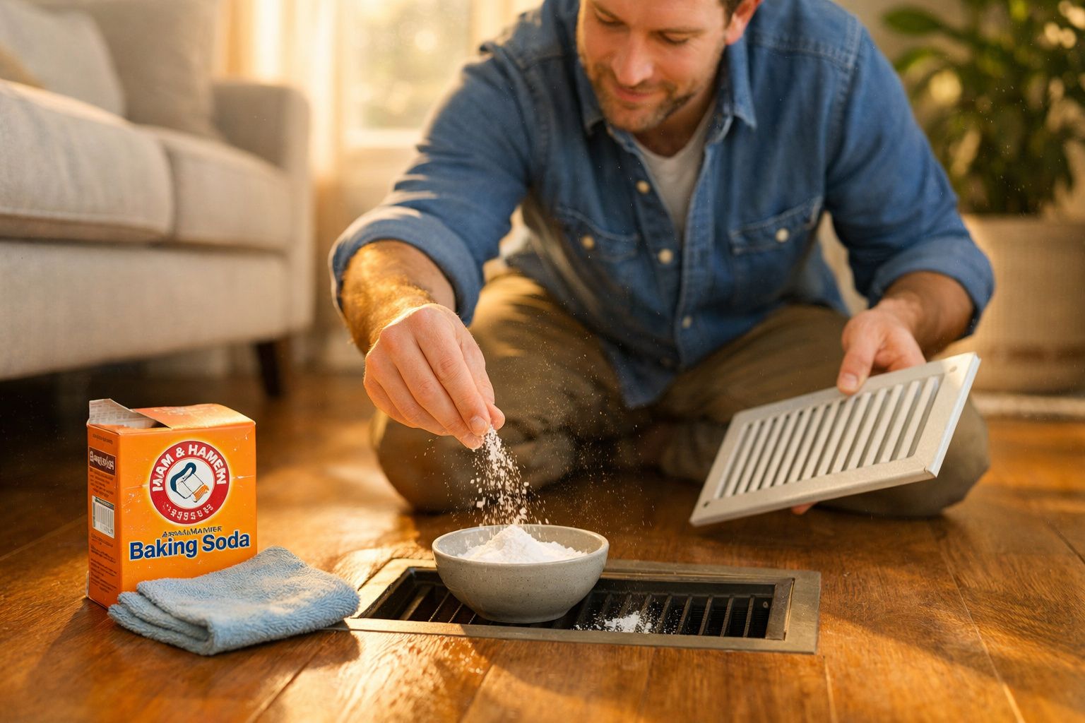 Homem aplicando bicarbonato de sódio em ralo para eliminar odores, com caixa e pano ao lado.