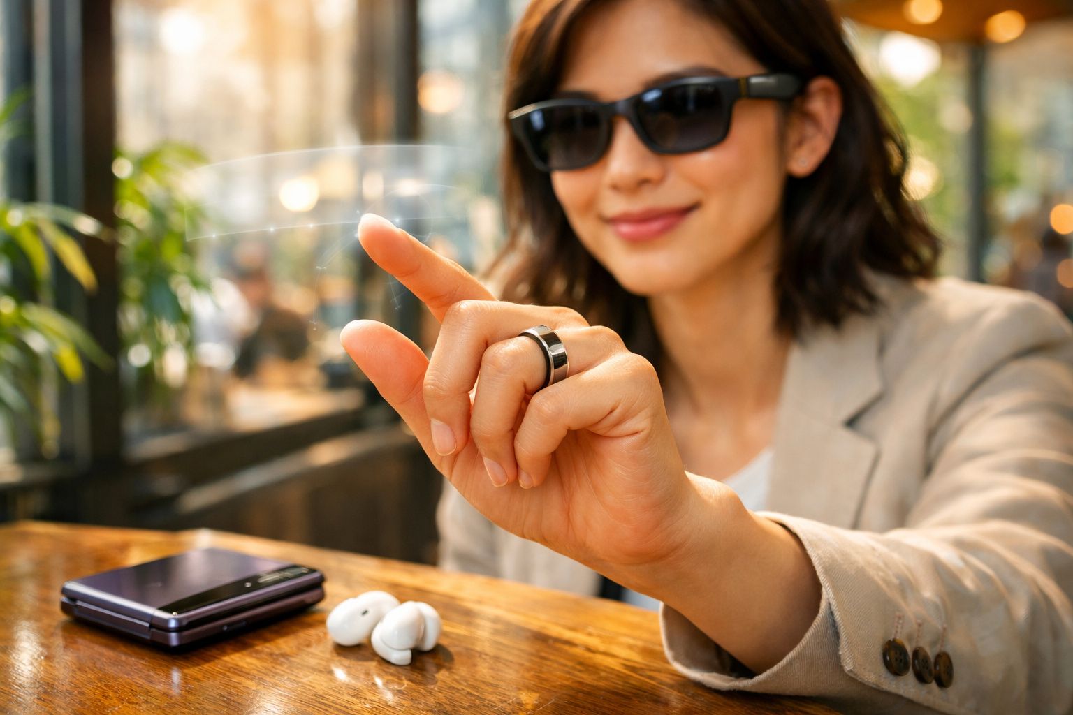 Mulher com óculos escuros tocando uma tela imaginária, mesa com fones e celular ao lado.