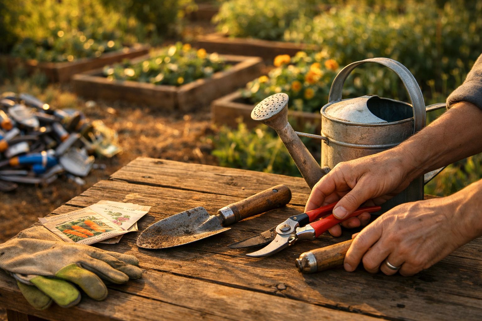 Mãos seguram tesoura de poda sobre mesa de madeira com regador, pá, luvas e pacotes de sementes no jardim.