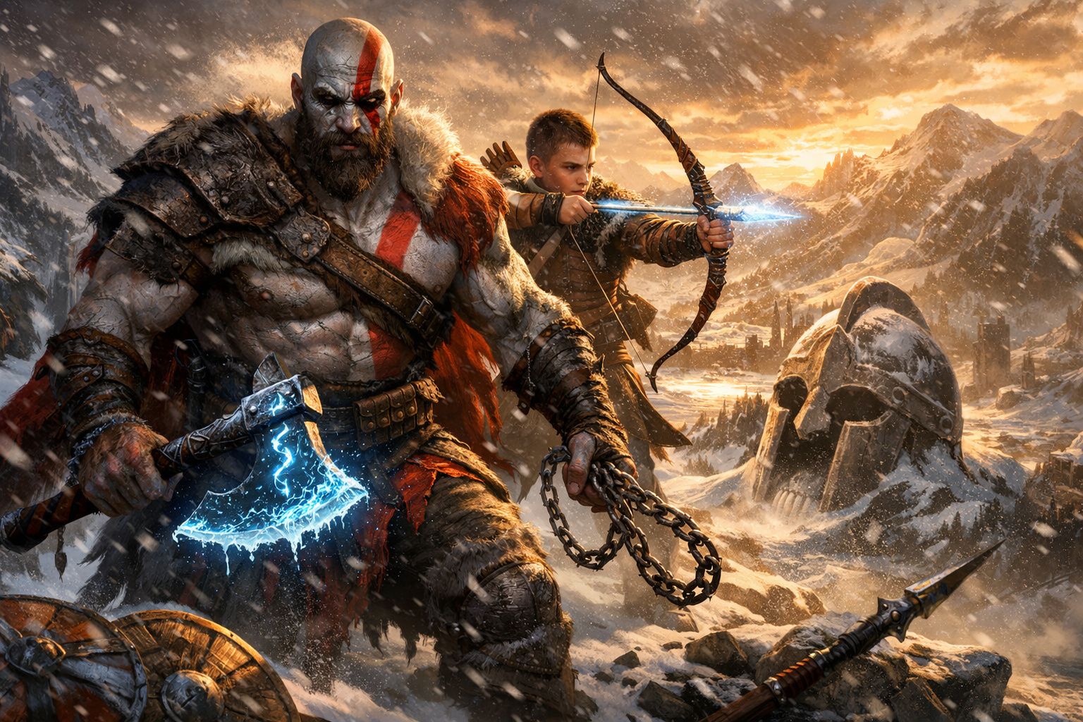 Guerreiro musculoso com machado elétrico e garoto com arco e flecha em paisagem montanhosa nevada ao pôr do sol.