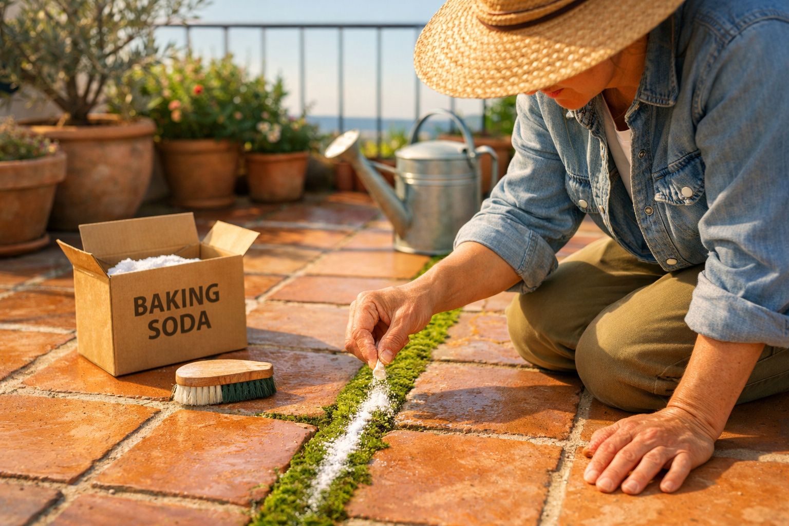 Pessoa aplicando bicarbonato de sódio em musgo entre ladrilhos de terraço com caixa e escova ao lado.