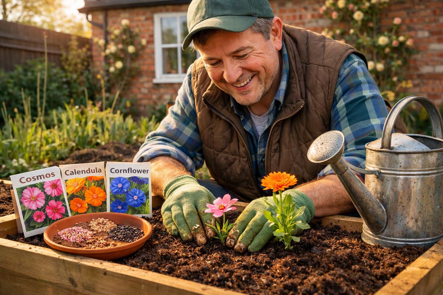 Homem sorridente plantando flores em canteiro com sementes e regador ao lado em jardim ensolarado.