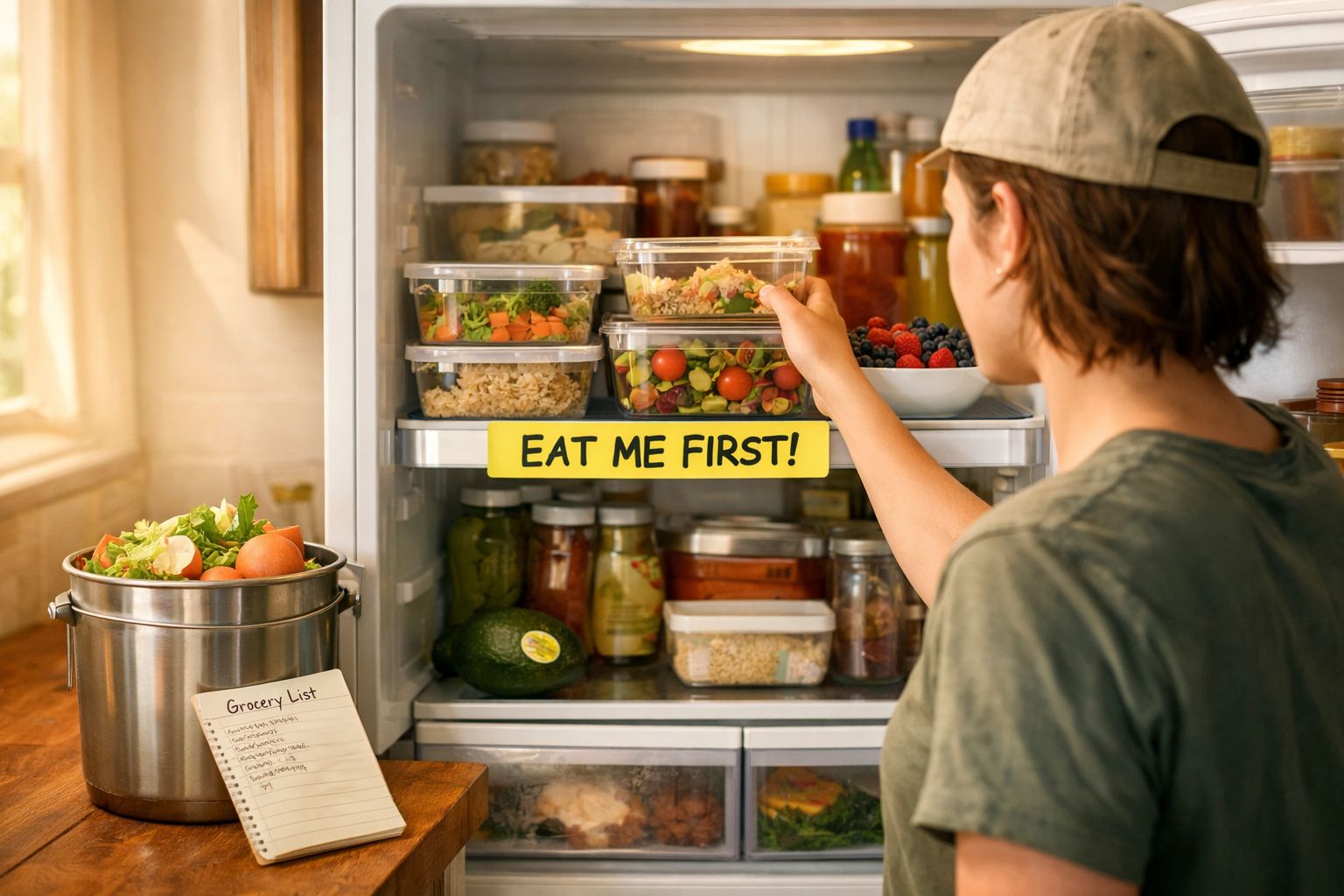 Pessoa retirando marmita da geladeira com aviso "Eat me first" e lista de compras ao lado.