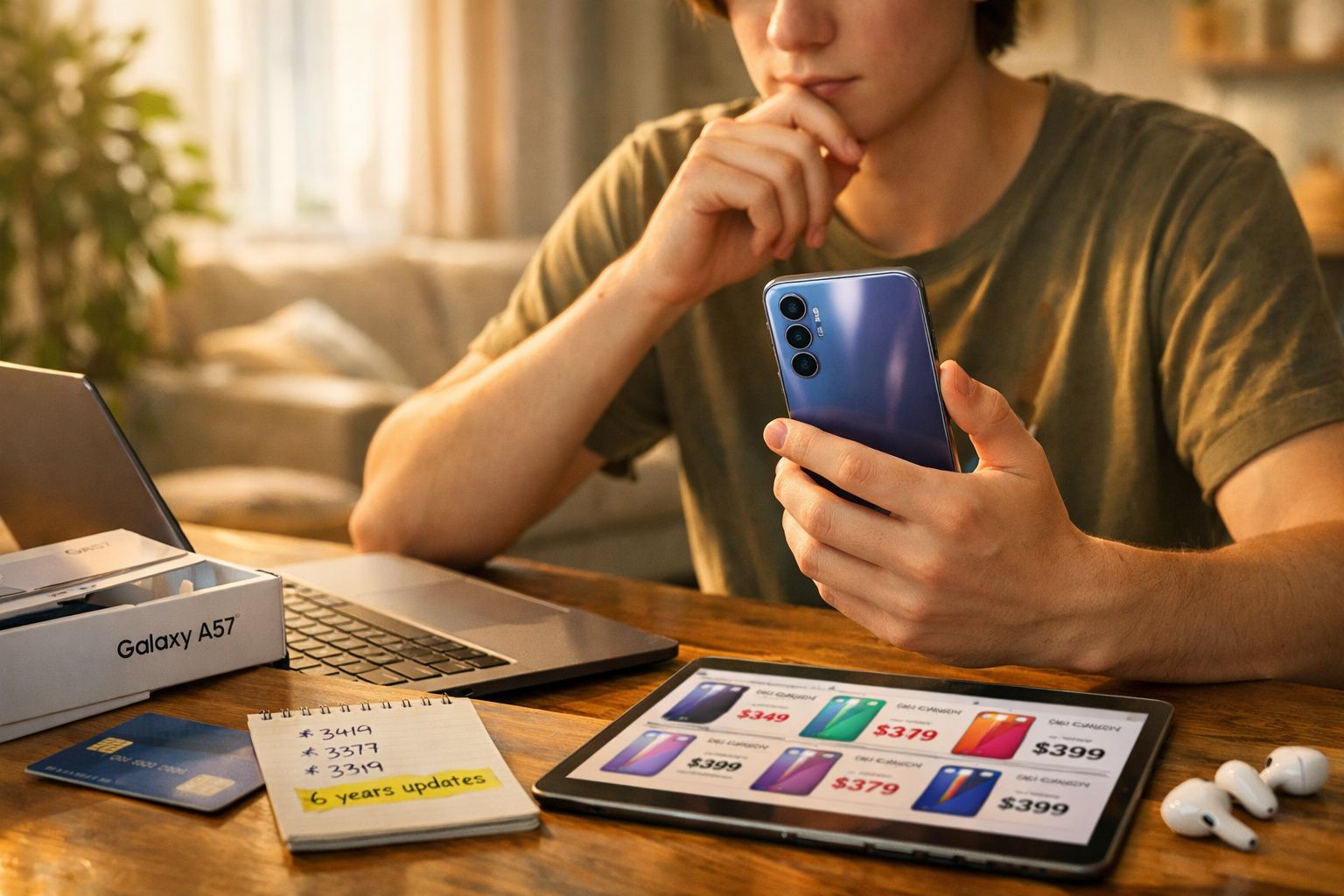 Pessoa segurando celular Samsung Galaxy A57 perto de notebook, cartão de crédito e tablet com preços de smartphones.