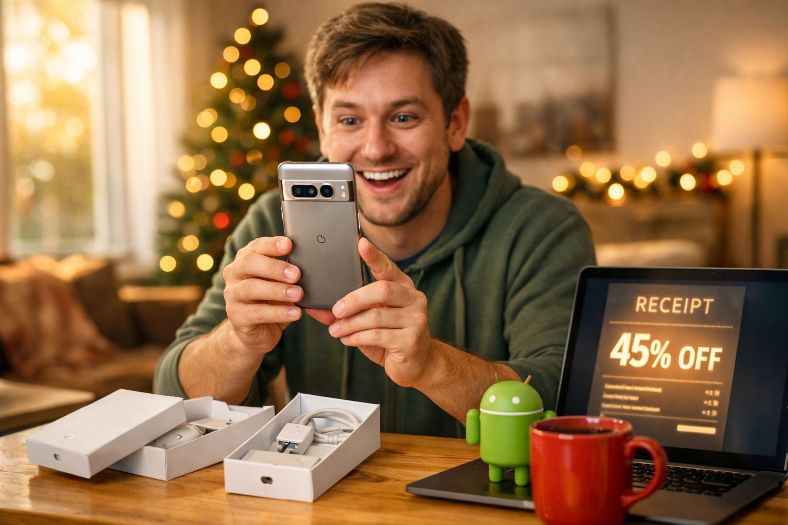 Homem sorridente usando celular, com presentes e desconto de 45% na tela do laptop ao fundo.